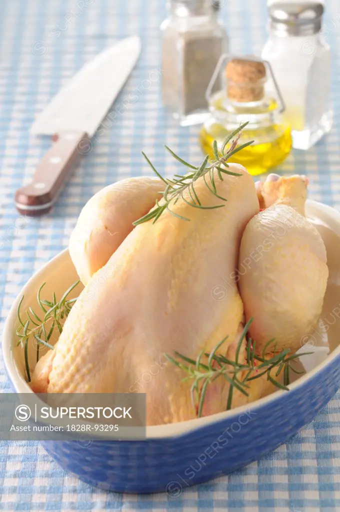 Uncooked Whole Chicken with Rosemary in Roasting Pan on Blue Gingham Background, Studio Shot