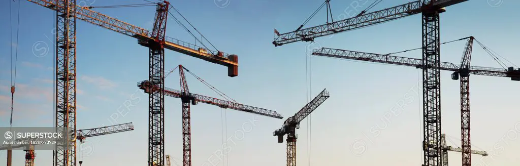Panoramic of Multiple Heavy Duty Construction Cranes, Toronto, Ontario, Canada