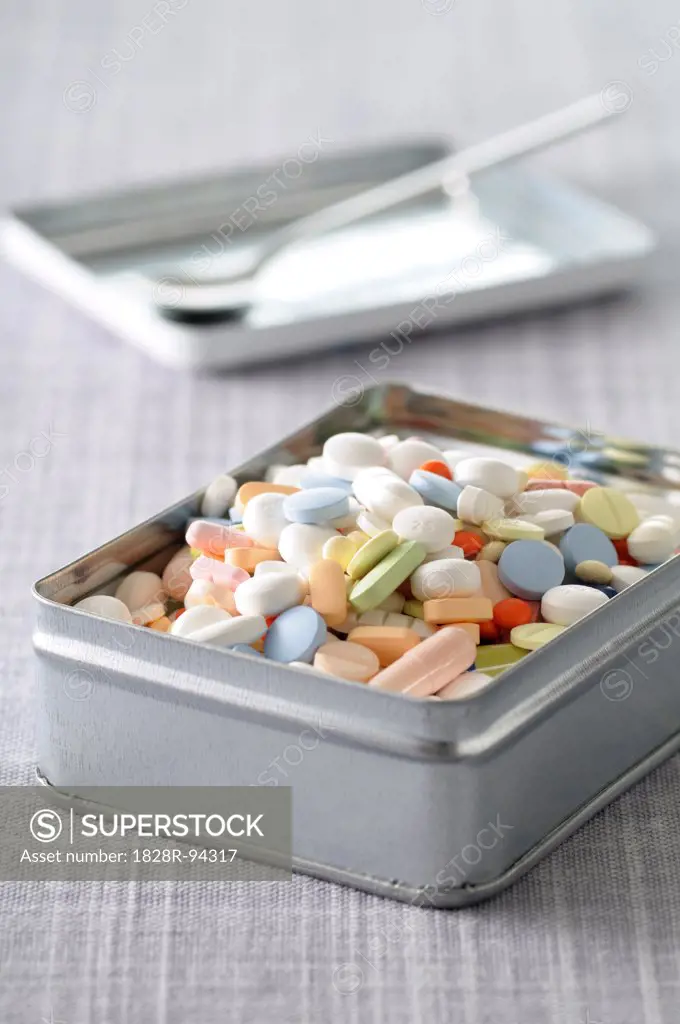 Close-up of Tin Box Filled with Pills