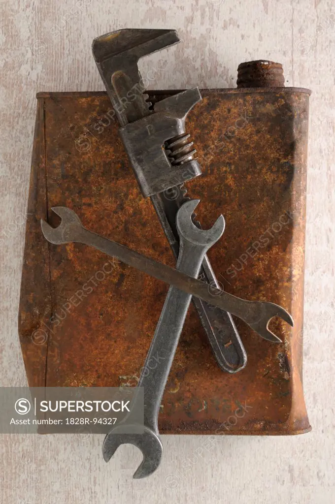 Close-up of Tools and Rusty Oil Can
