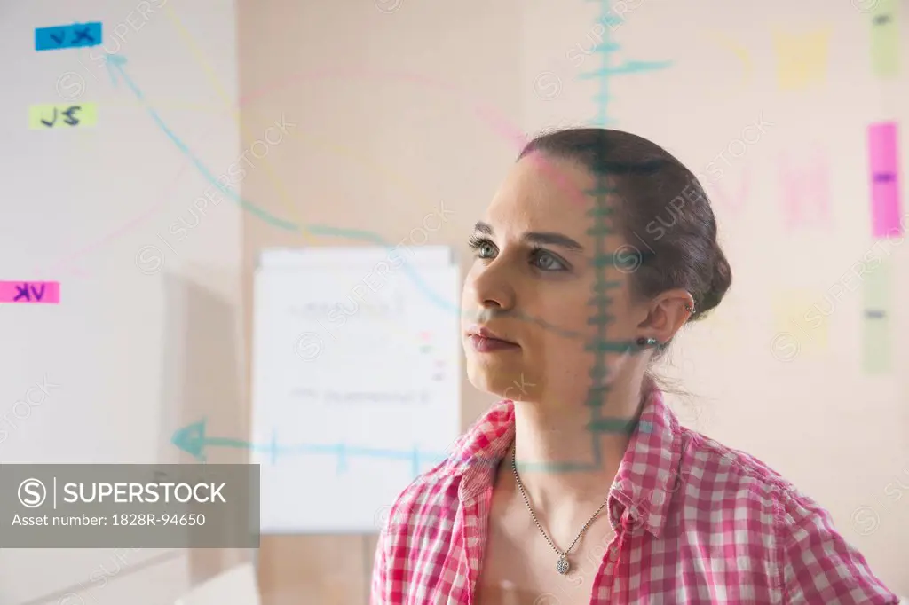 Young Businesswoman Working in Office Looking at Plans Displayed on a Glass Board