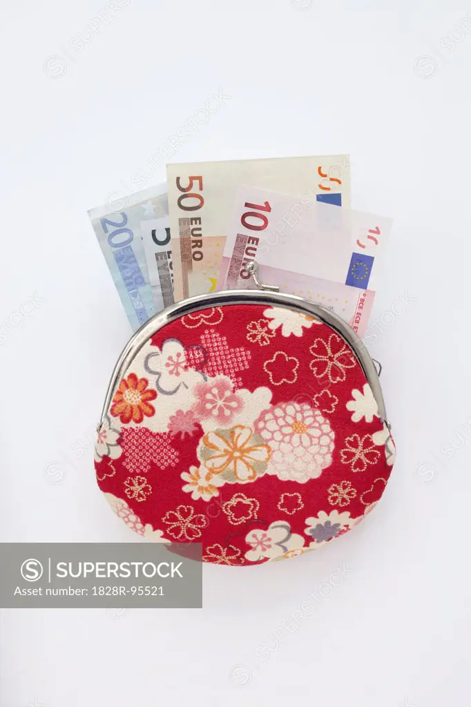 Close-up of Floral Patterned Change Purse with Euro Notes Sticking Out, Studio Shot on White Background