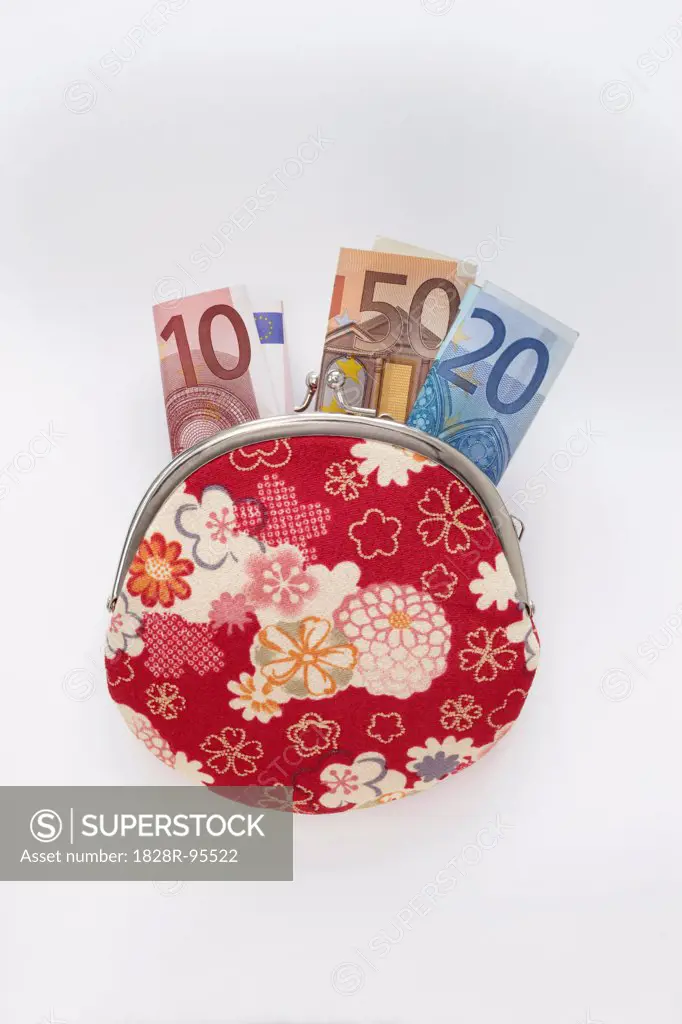 Close-up of Floral Patterned Change Purse with Euro Notes Sticking Out, Studio Shot on White Background