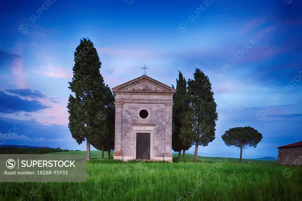 Chapel of Vitaleta with Cypress Trees at dusk after sunset. Chapel of Vitaleta, Val d´Orcia, Siena Province, Tuscany, Italy.,10/16/2010
