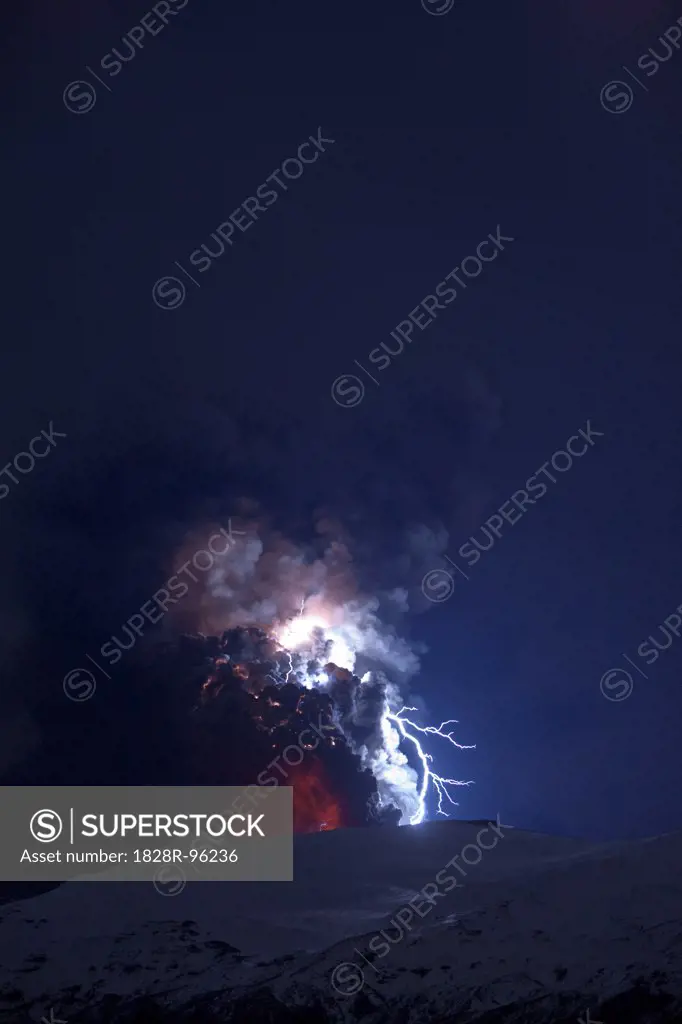 Eyjafjallajokull Volcano at Night, Lightning and Lava inside Ash Cloud, Iceland,04/18/2010