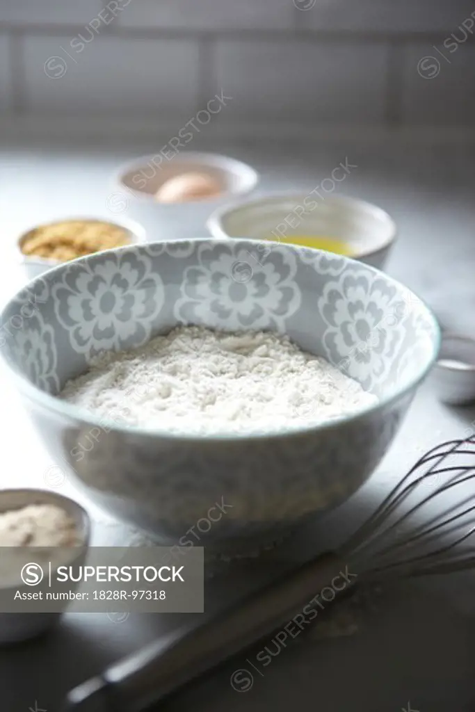 Bowl of Flour with Whisk and Baking Ingredients, Studio Shot,02/03/2012