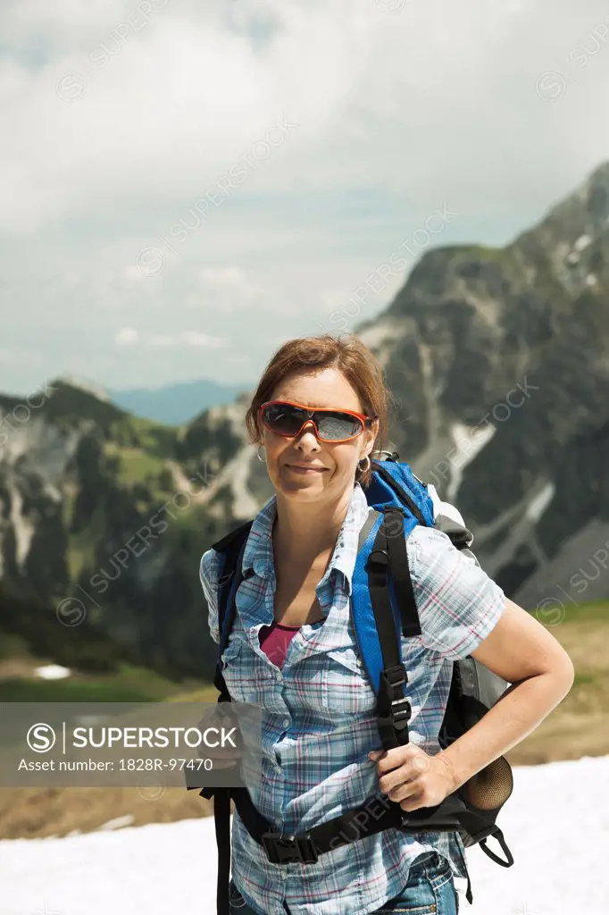 Portrait of mature woman hiking in mountains, Tannheim Valley, Austria,06/15/2013