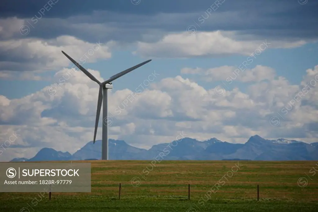 Wind generators in field, mountain range in background, Montana, USA,06/23/2013