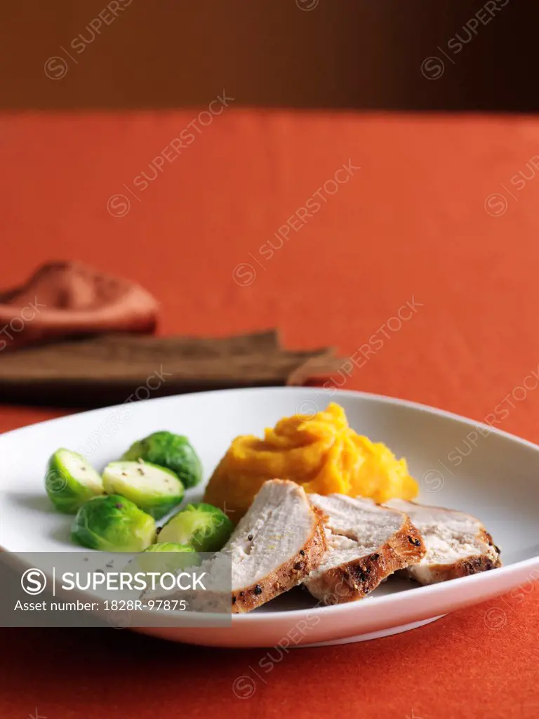 Sliced Turkey Breast with Brussels Sprouts and Mashed Sweet Potatoes for Thanksgiving Dinner on Red Background,09/12/2008