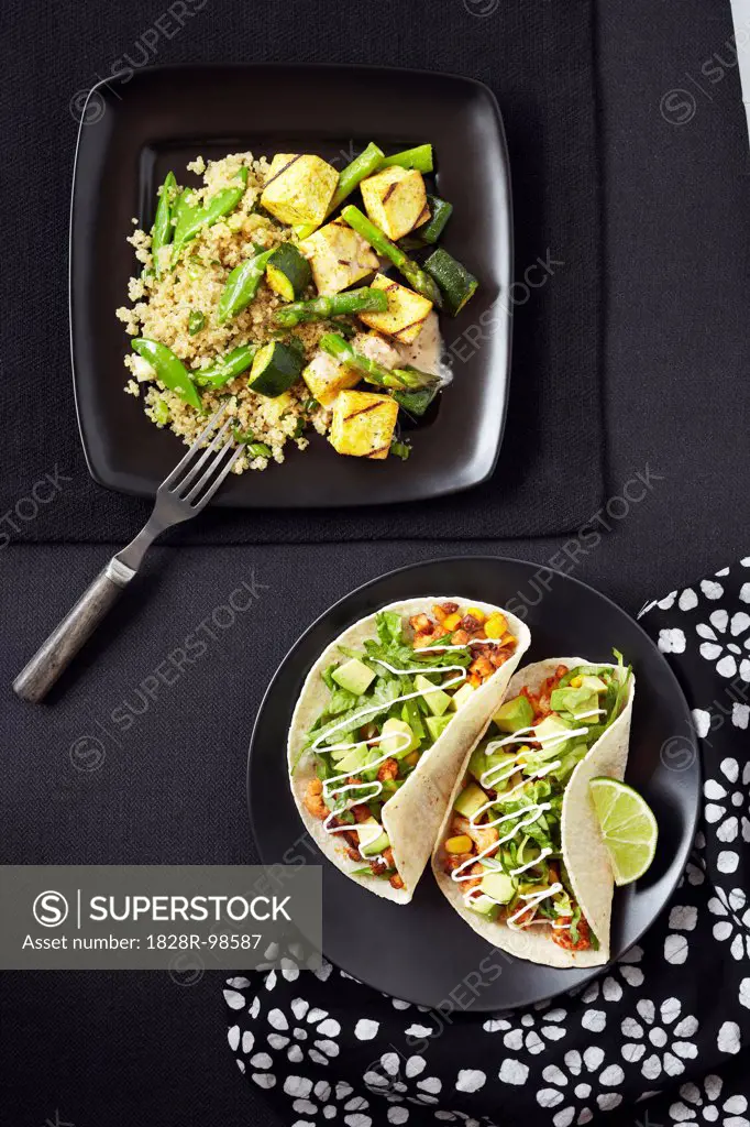 Overhead View of Quinoa with Zucchini, Asparagus and Tofu and Tacos with Bean Mix and Avocado, Studio Shot,01/25/2011