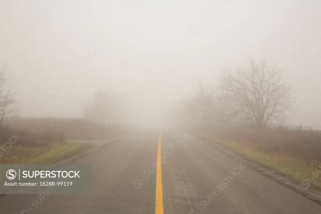 Two Lane Highway in Fog, Town of Mount Albert, Ontario, Canada. 11/19/2012