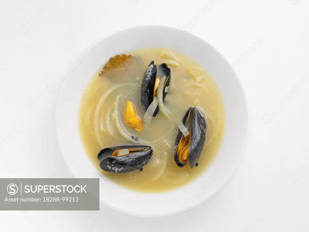 Overhead View of Mussels in Broth, Studio Shot. 09/12/2013