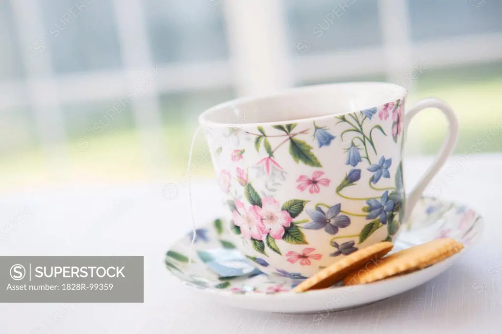 Cup of tea in pretty floral cup and saucer with cookies, studio shot. 09/04/2013