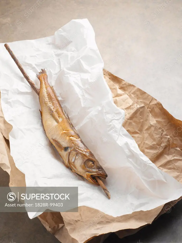 Fried mackerel pike fish on stick, in paper wrapper, studio shot. 09/15/2013