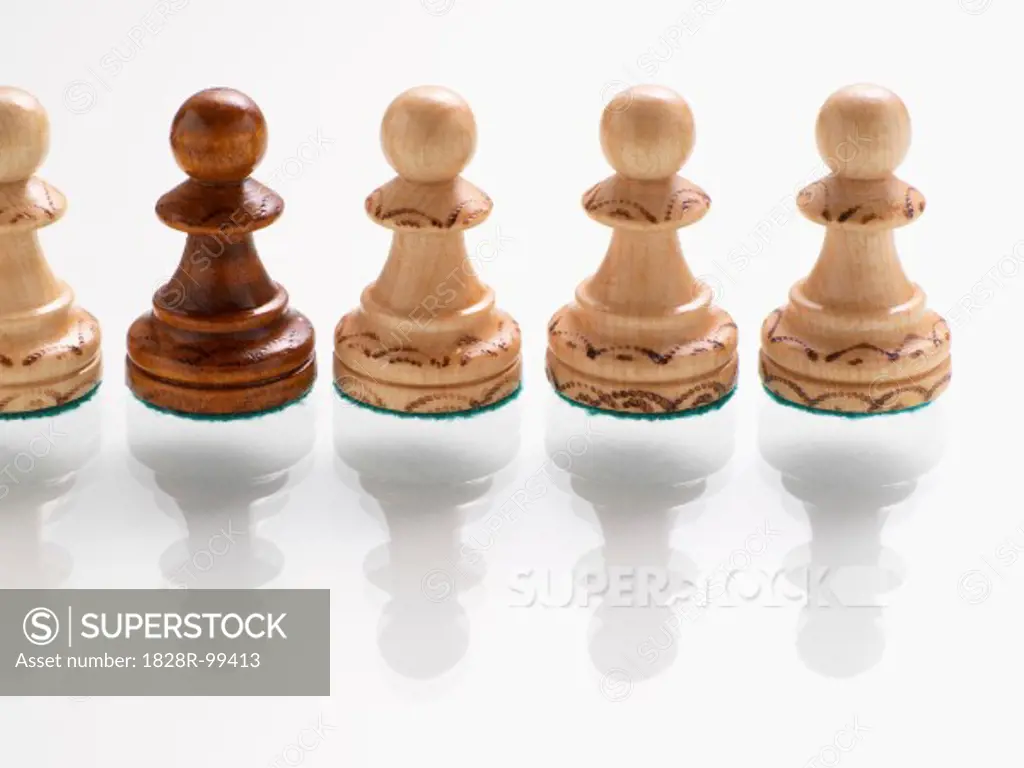 Dark wooden chess piece in row of light wooden chess pieces. 09/15/2013