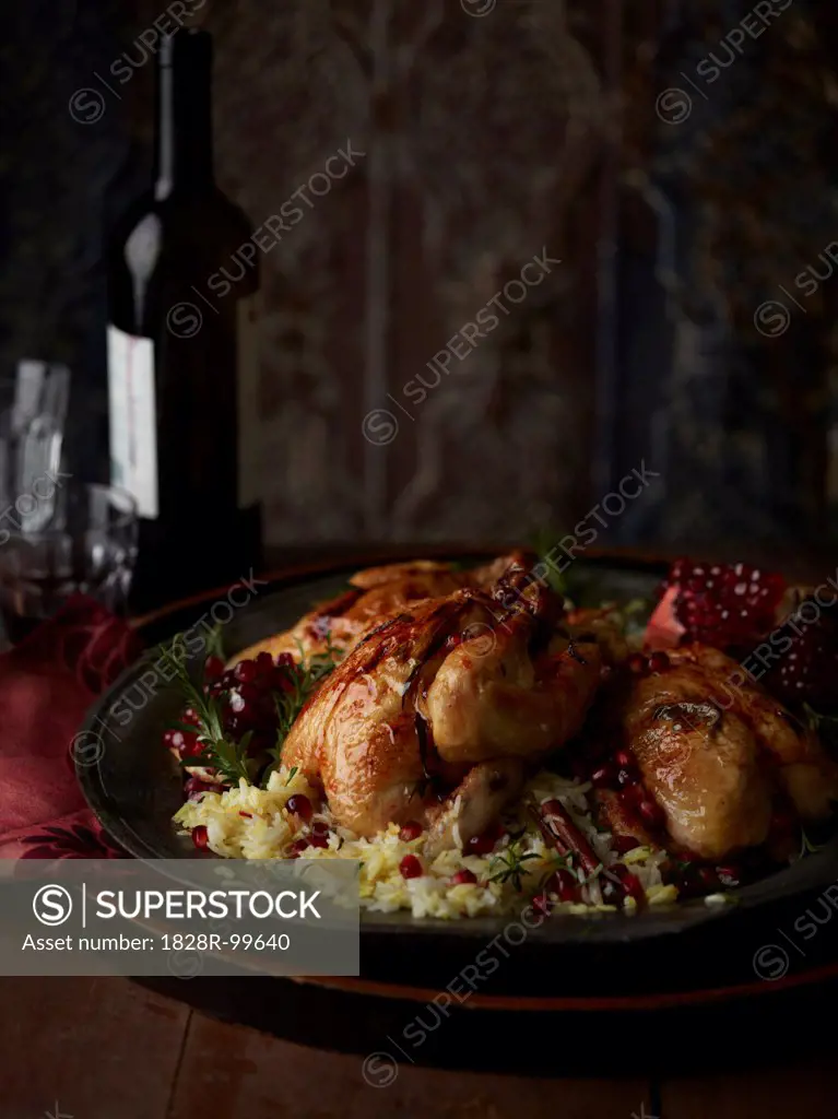 Roasted Cornish Hen with Rice and Pomegranate, Studio Shot. 10/07/2013