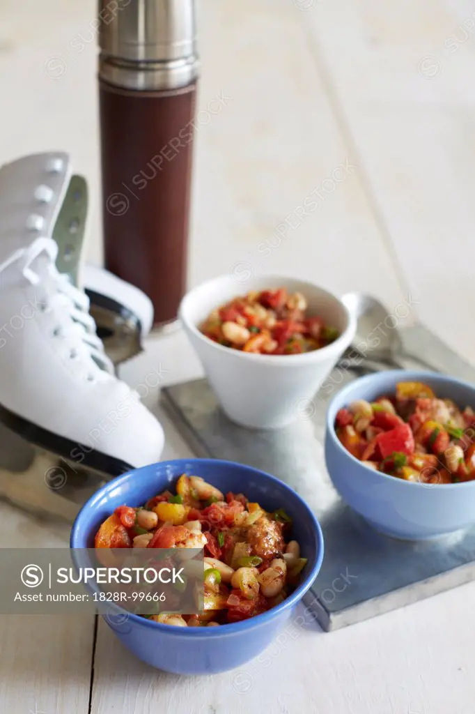 Bowls of Chili with Thermos and Ice Skates, Studio Shot. 10/17/2012