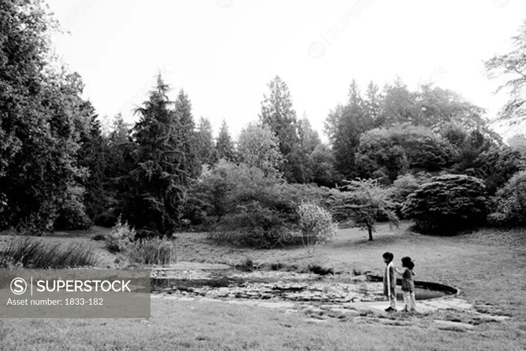 Two children standing in a wooded park