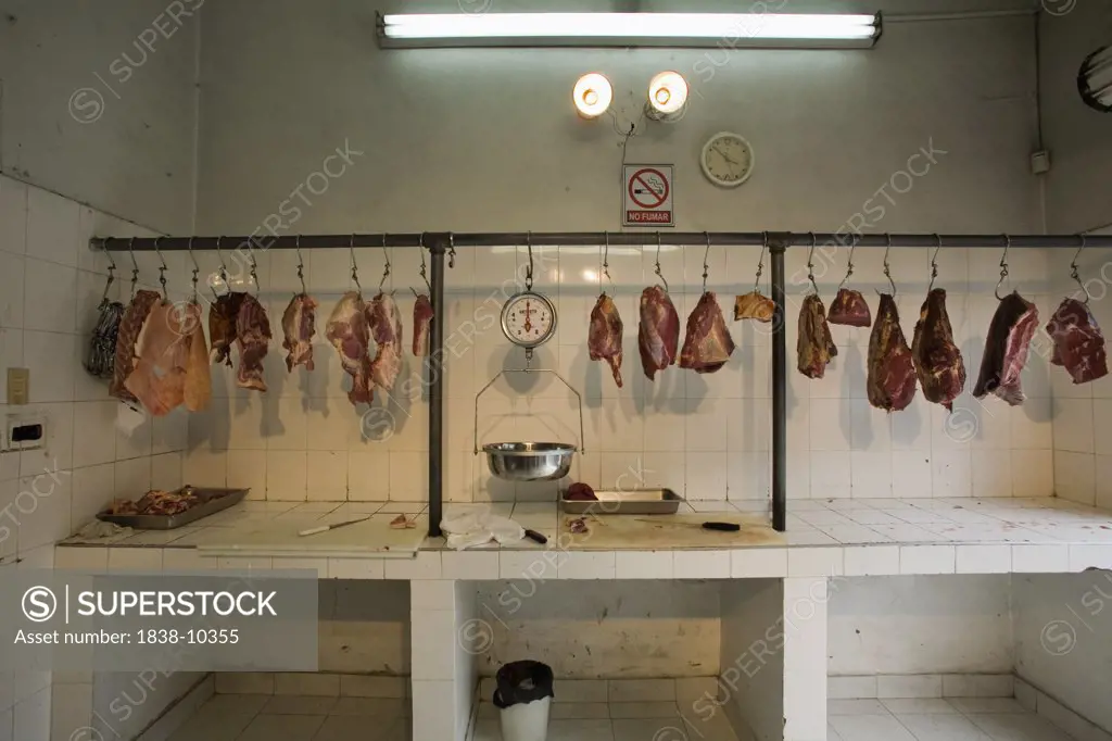 Row of Meat Hanging in Butcher Shop, Popoyan, Colombia