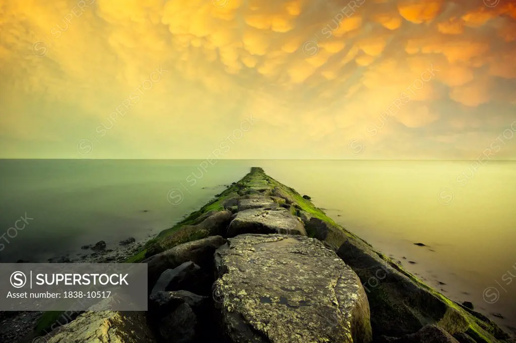 Jetty and Calm Sea With Dramatic Sky, Stratford, Connecticut, USA