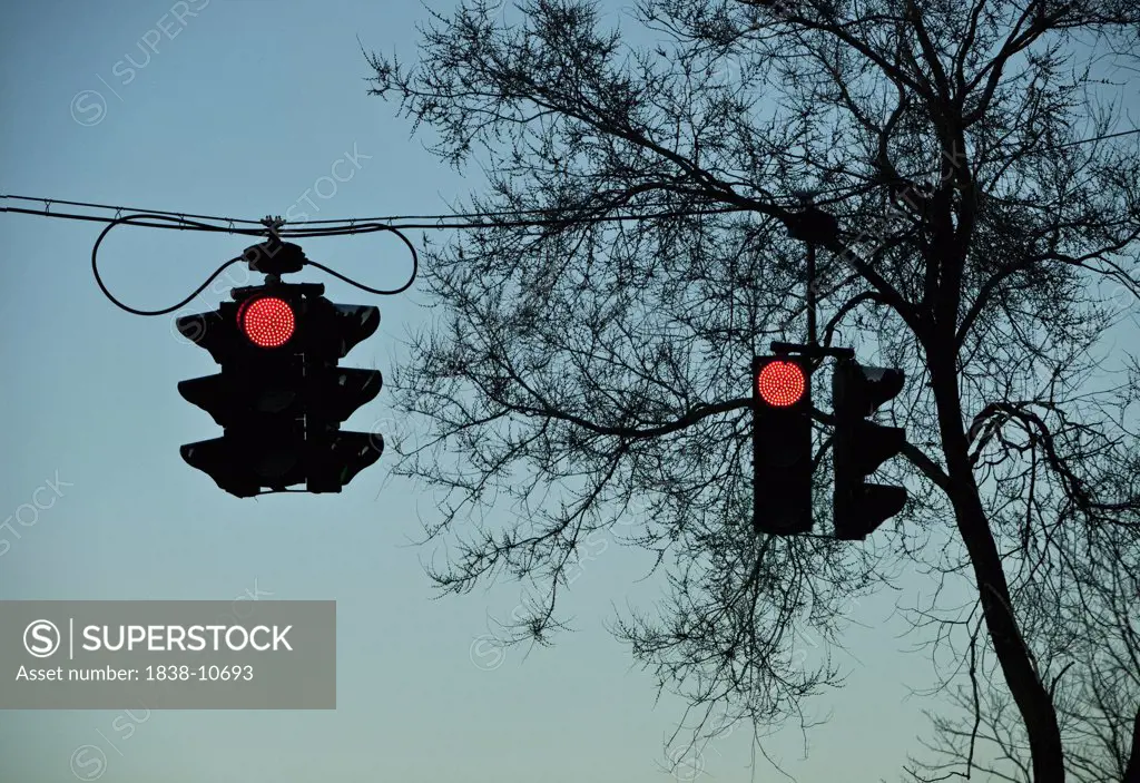 Two Red Traffic Lights Against Tree Silhouette