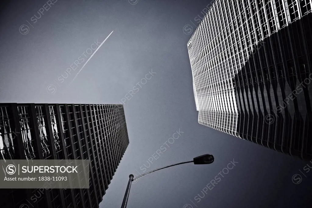 Two Tall Buildings and Street Light, Low Angle View, Citycenter, Las Vegas, Nevada, USA