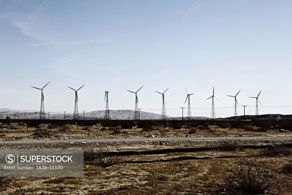Row of Wind Turbines in Desert, San Bernardino, California, USA