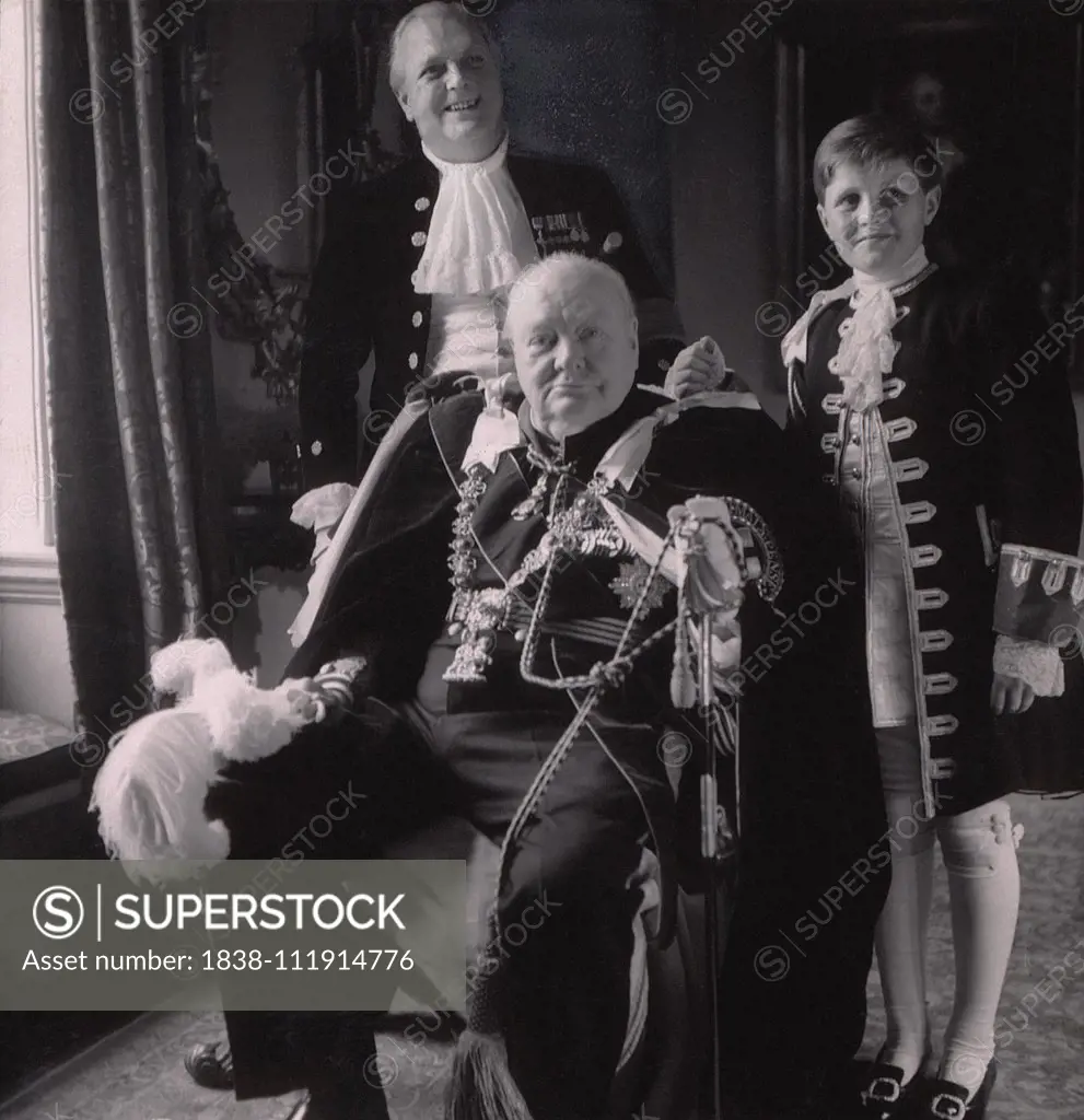 British Prime Minister Winston Churchill with his Son Randolph and Grandson Winston, wearing Coronation Robes, at Coronation of Queen Elizabeth II, photograph by Toni Frissell, June 2, 1953
