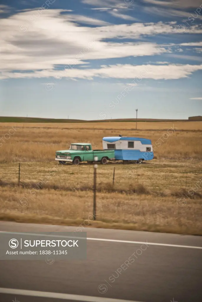 Old Pickup Truck and Trailer by I-70, Border of Colorado and Kansas, USA