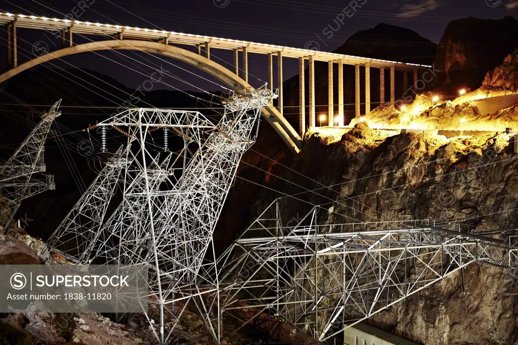 Hoover Dam Bypass and Electrical Power Lines at Night, Hoover Dam, Arizona, USA