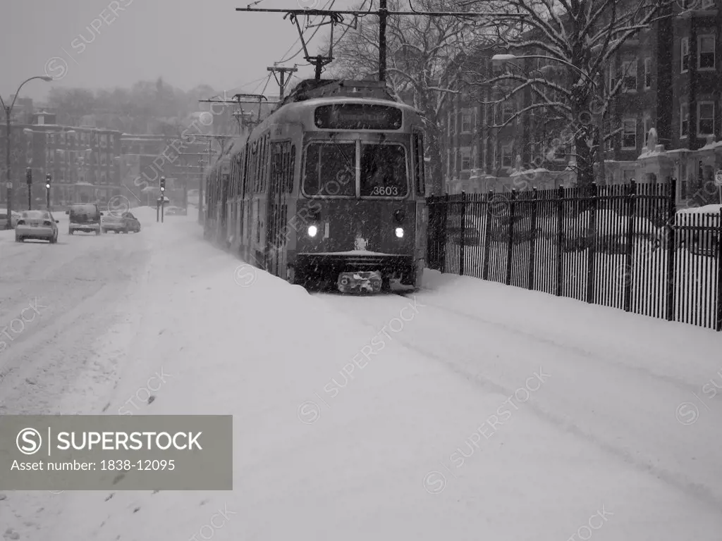 Train in Snow, Boston, Massachusetts, USA