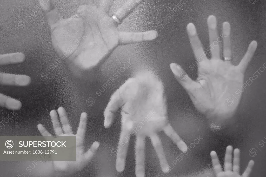 Multiple Hands on Shower Glass