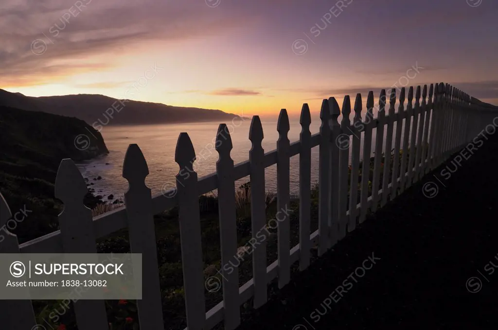 Picket Fence and Sunrise on Coast, California, USA