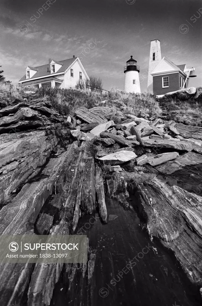 Lighthouse and Rocky Foreground, Maine, USA