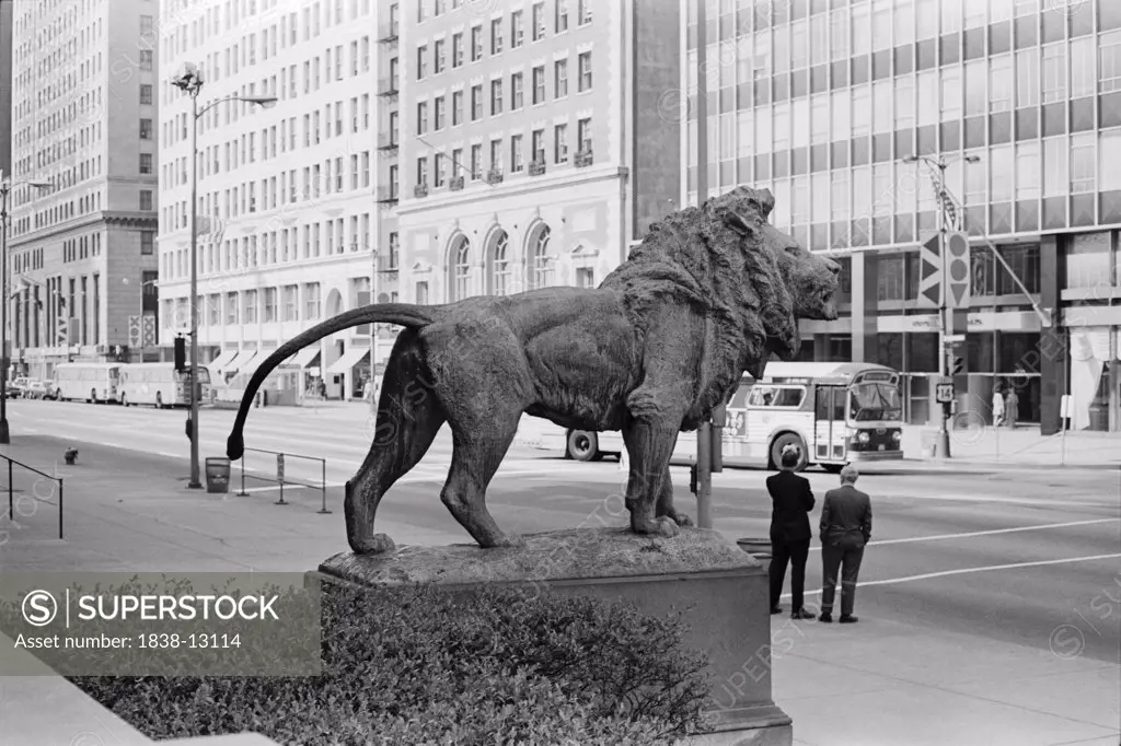 Lion Statue and Street Scene, Chicago, Illinois, USA