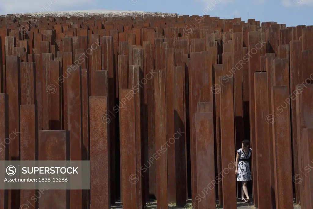 Girl Standing Amongst Rusted Iron Pillars