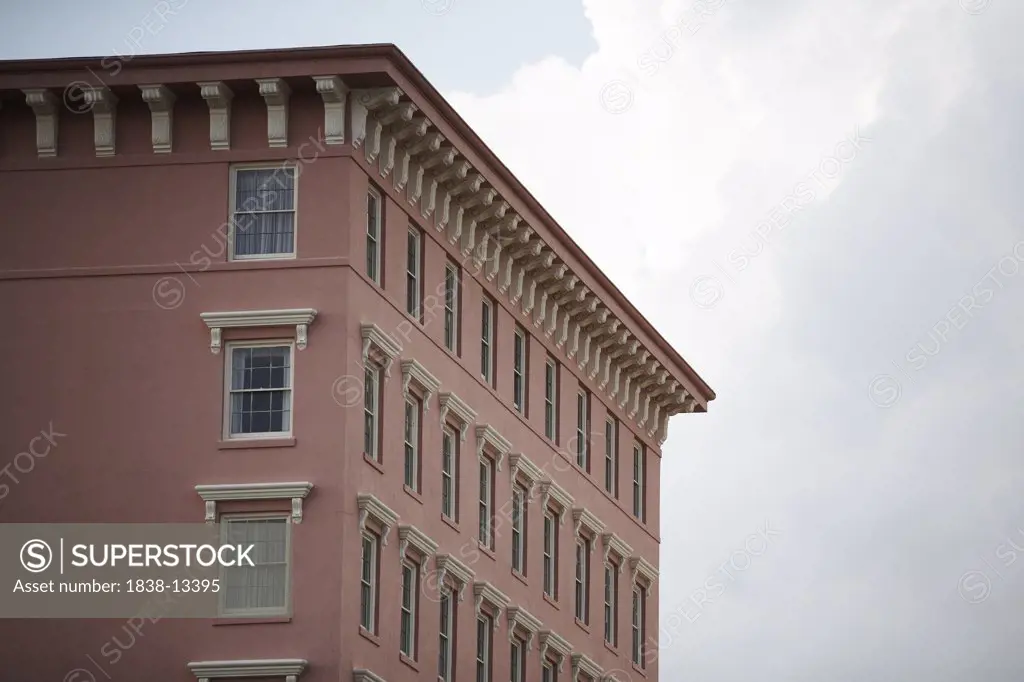 Pink Building with Rows of Windows and Ornamental Roofline, Low Angle View, Charleston, South Carolina, USA