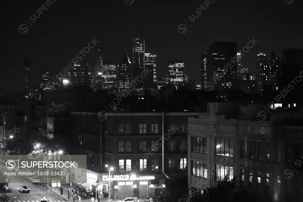 Street Scene and Cityscape at Night, New York City, USA