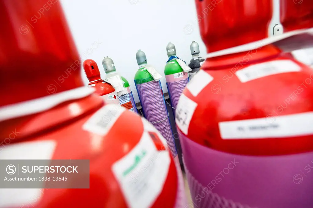 Collection of Colorful Nitrogen Gas Containers in Factory
