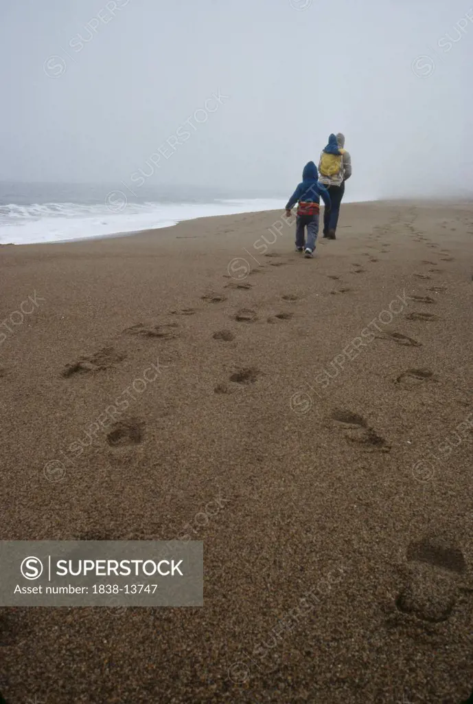 Family Walking on Foggy Beach