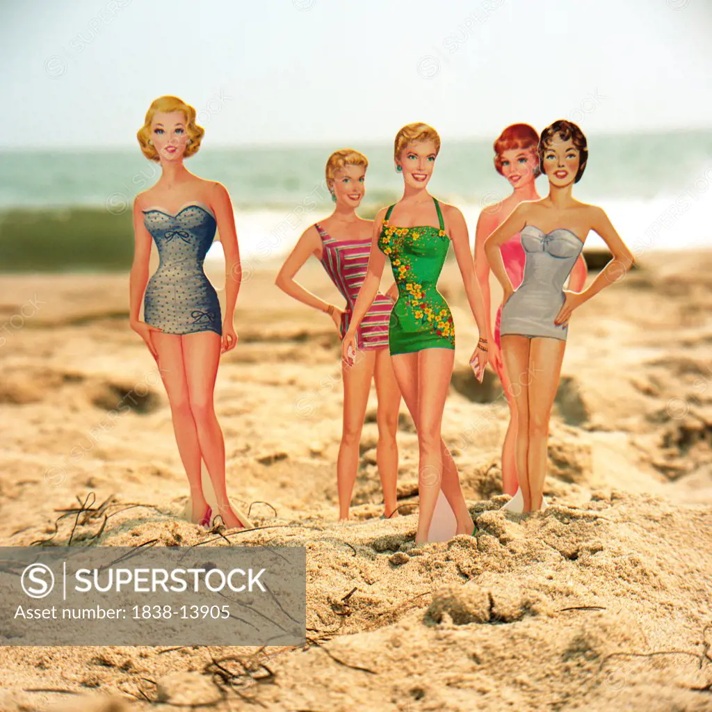 Female Paper Dolls in Swimsuits on Beach