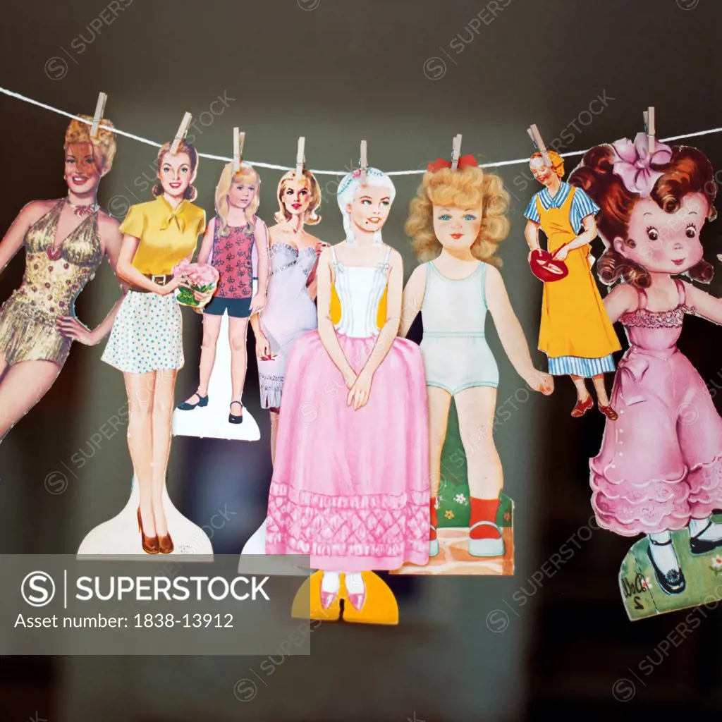 Female Paper Dolls on Clothesline