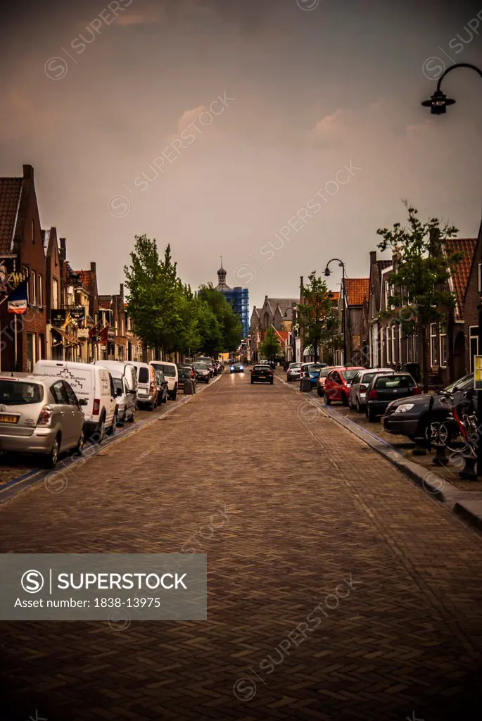 Main Street with Parked Cars at Twilight, Workum, Netherlands
