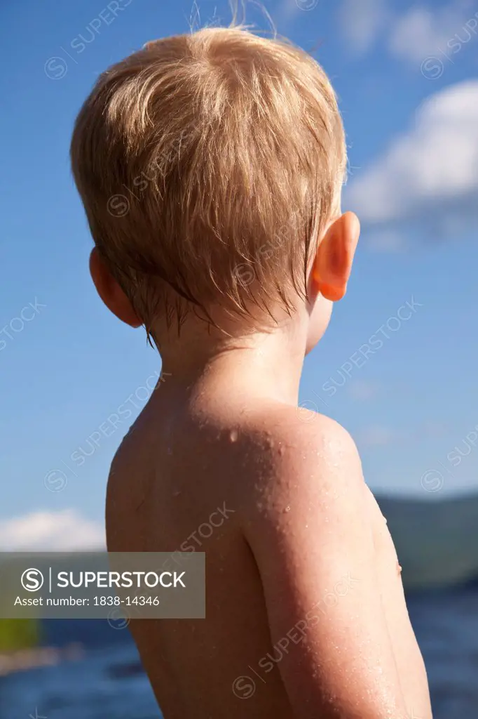 Young Blonde Boy at Lake, Rear View, Close-Up