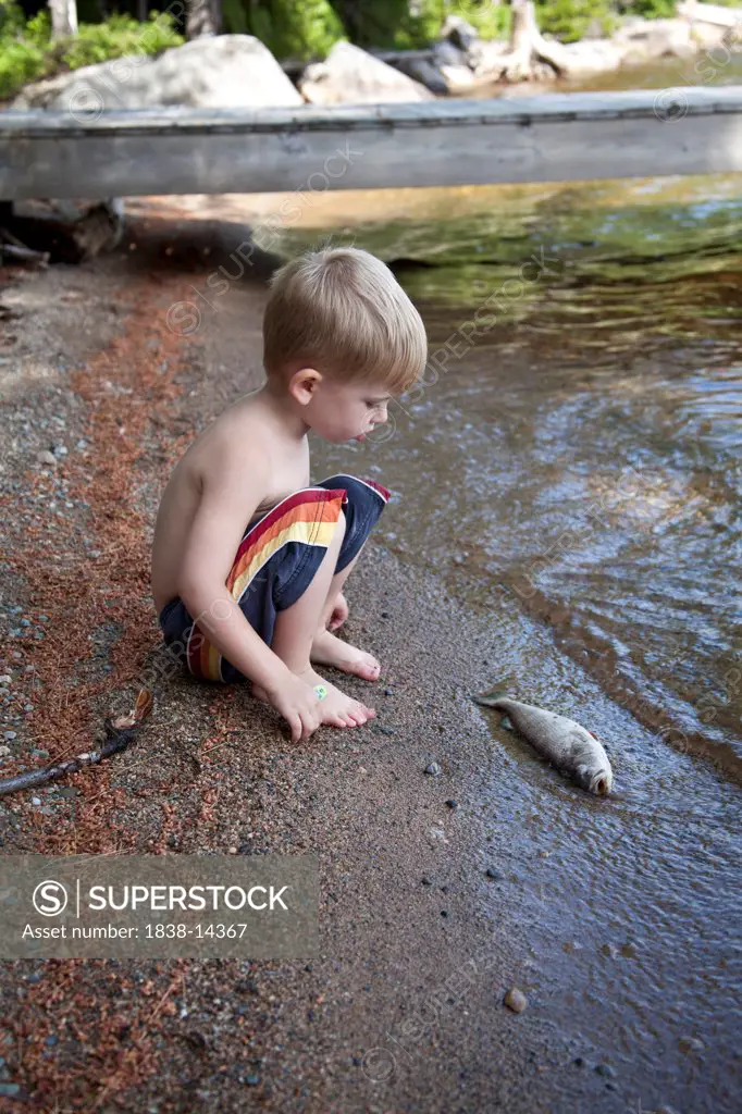 Young Boy Looking at Dead Fish at Edge of Lake