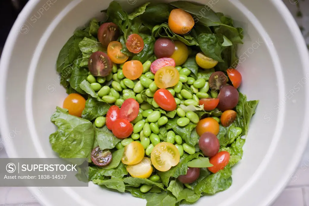 Lettuce, Cherry Tomatoes and Edamame in Bowl