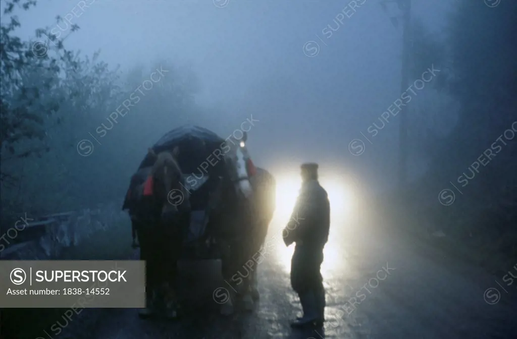 Man and Horse-Drawn Wagon Being Illuminated with Car Lights on Misty Road, Romania
