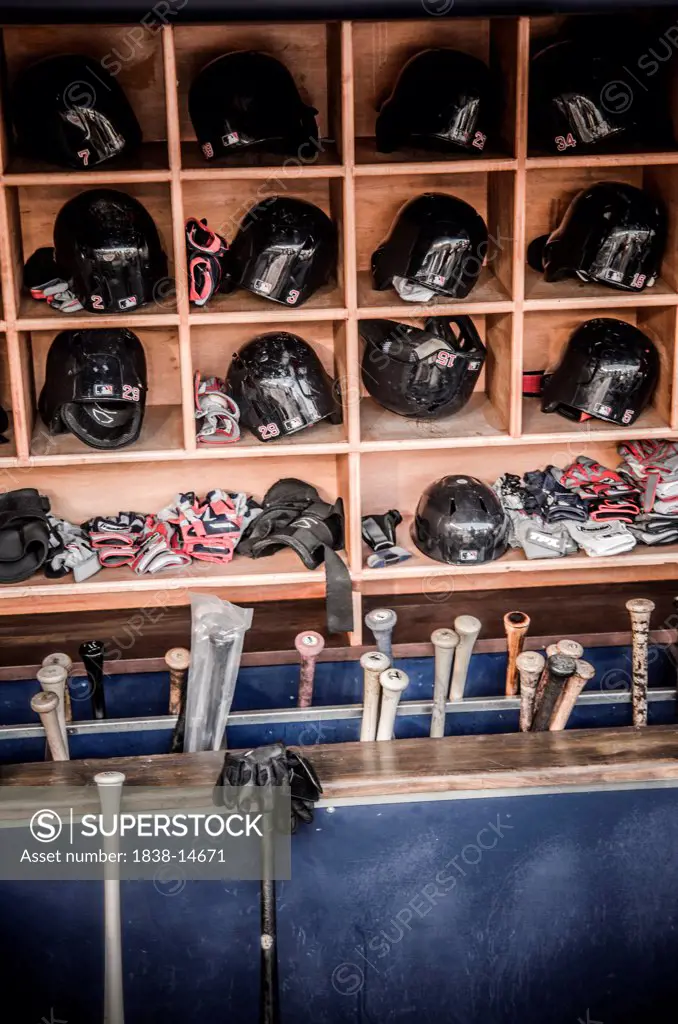 Baseball Dugout with Helmets, Gloves, and Bats, Yankee Stadium, Bronx, New York City, USA
