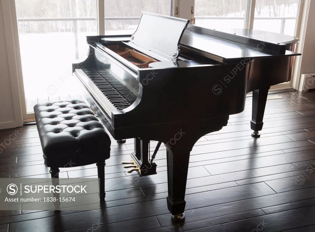 Grand Piano and Bench on Dark Wood Floor