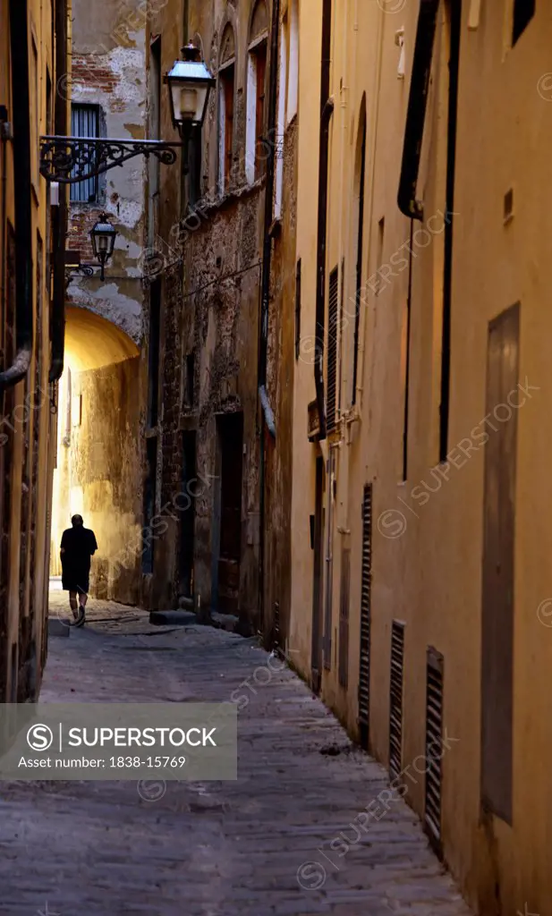 Lone Person Walking Down Narrow Cobblestone Alley, Rear View